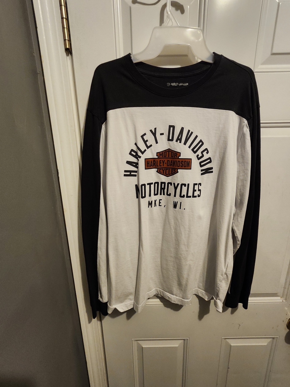 Harley-Davidson Black and White Long Sleeve Logo Tee with Orange Accent